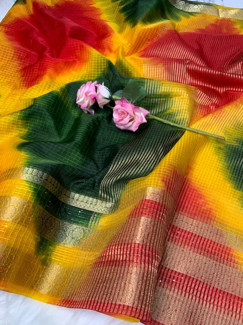 Branded Pure Soft Organza Checks Saree with Batik Print & Jacquard Border – Elegance with Sequin Sparkle