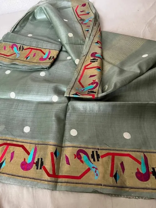 Premium Pure Tussar Silk Saree with Golden Zari Border & Digital Embroidery Work | Festive & Wedding Wear