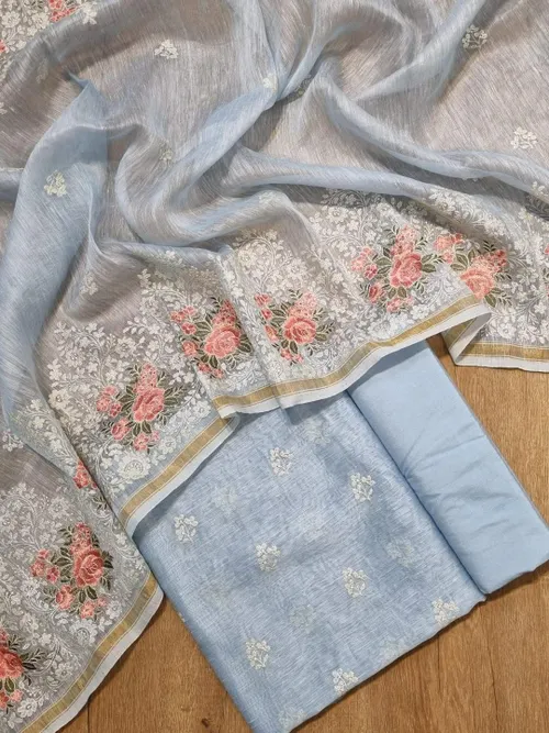 Pure Silk Linen Suit Set with Exquisite Floral Embroidery Work