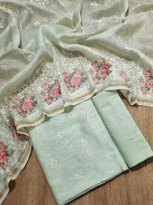 Pure Silk Linen Suit Set with Exquisite Floral Embroidery Work