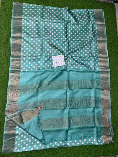  pure handloom Tussar silk saree with hand block and digital prints. Azo-free dye, silk mark certified