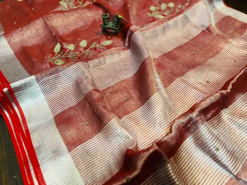 Soft Metallic Tissue Jari Linen Floral Motif Saree