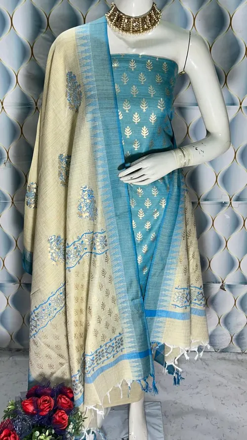  Bhagalpuri Silk Suit Piece with Khadi Dupion & Temple Border Dupatta – 2.5m Each