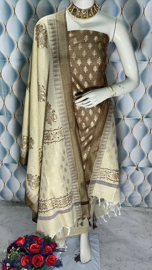  Bhagalpuri Silk Suit Piece with Khadi Dupion & Temple Border Dupatta – 2.5m Each