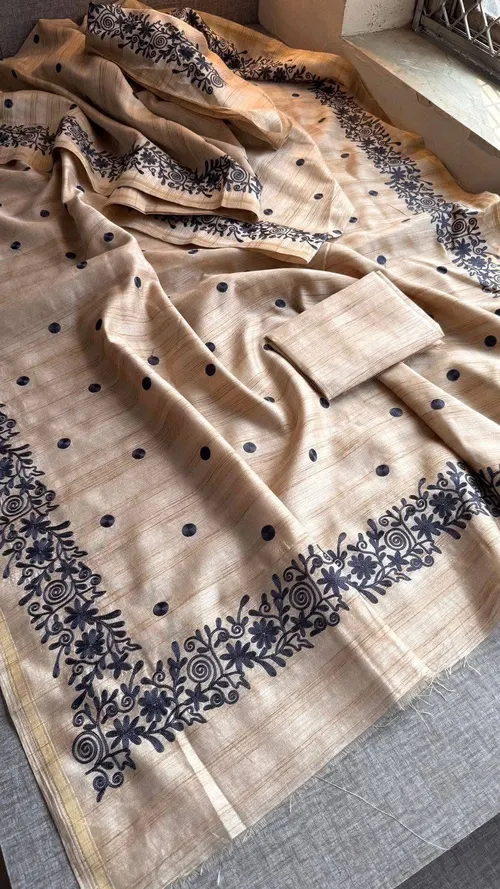 Royal Tusser Silk Saree with Allover Floral Embroidery & Jari Border