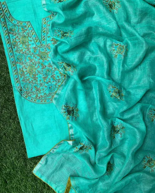 Pure Linen by Linen Floral Embroidery Work Unstitched Top Material with Matching Dupatta – Elegant Summer Wear for Women