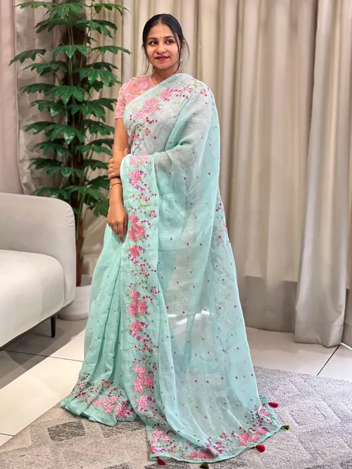 Soft Slub Cotton Saree with Zari Border – Beautiful Floral Embroidery Work Saree