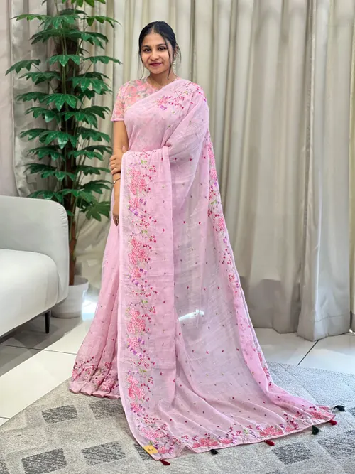 Soft Slub Cotton Saree with Zari Border – Beautiful Floral Embroidery Work Saree