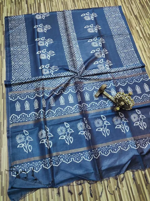 Elegant Indigo Printed Premium Katan Silk Saree