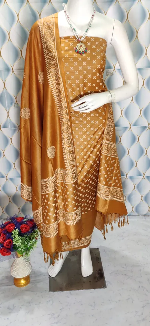 Block Printed Katan Silk Full Suit Salwar - Elegant & Stylish