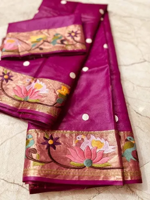Premium Pure Tussar Silk Saree with Golden Zari Border & Digital Embroidery Work | Festive & Wedding Wear