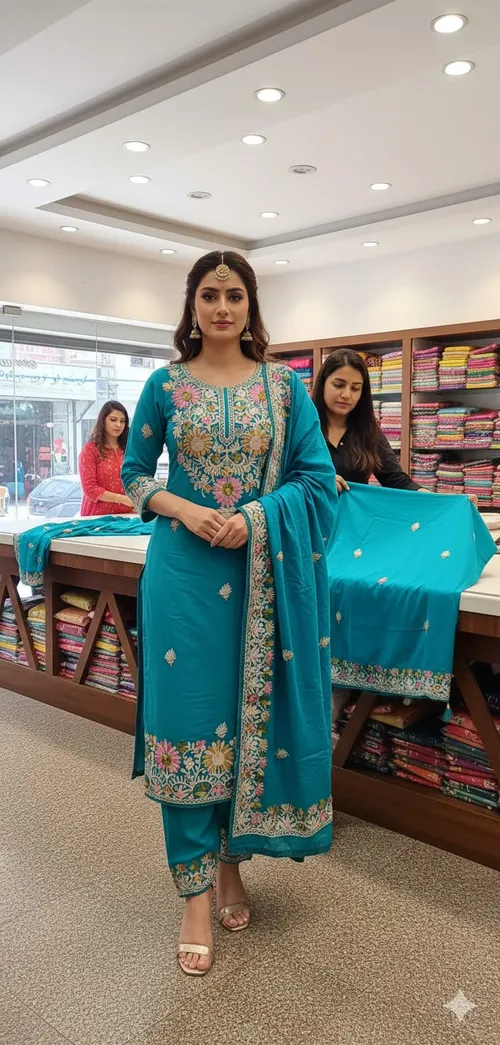 Elegant Roman Silk Kashmiri Butta Work Salwar Suit Set