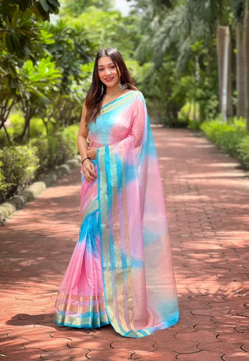 Branded Pure Soft Organza Checks Saree with Batik Print & Jacquard Border – Elegance with Sequin Sparkle