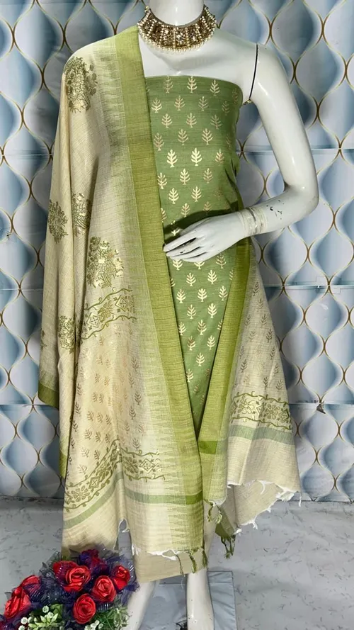  Bhagalpuri Silk Suit Piece with Khadi Dupion & Temple Border Dupatta – 2.5m Each
