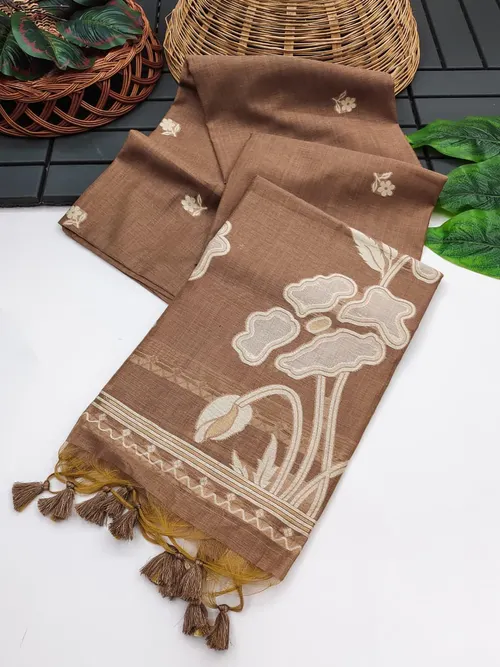 Elegant Premium Muga Cotton Saree with Floral Weaving Pallu & Zari Border