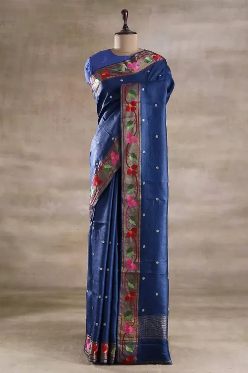 Premium Pure Tussar Silk Saree with Golden Zari Border & Digital Embroidery Work | Festive & Wedding Wear