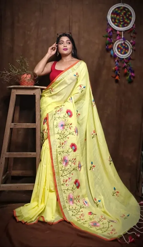 Cotton Linen Embroidery Saree with Exclusive zari Border