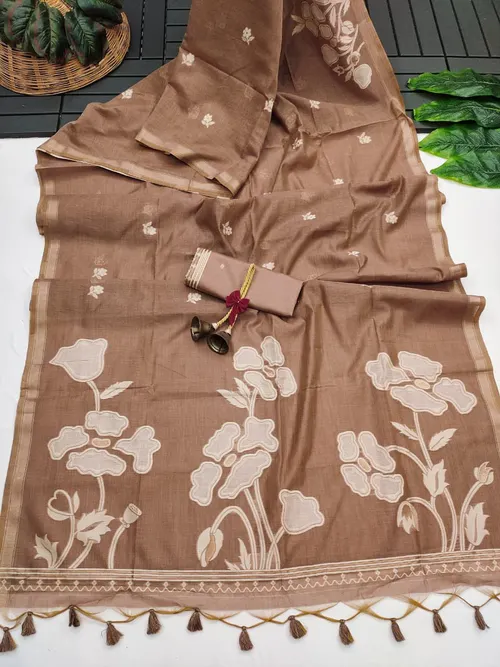 Elegant Premium Muga Cotton Saree with Floral Weaving Pallu & Zari Border