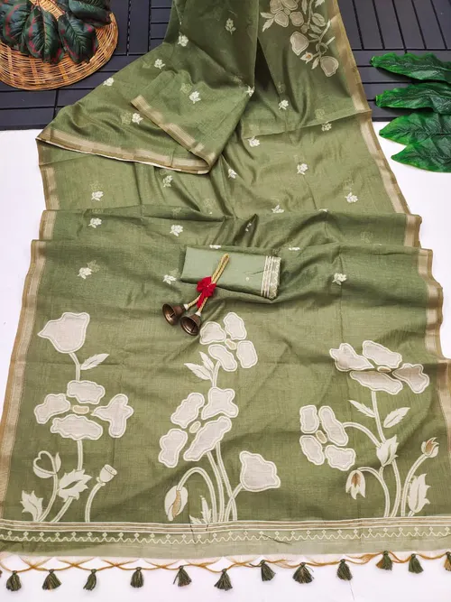 Elegant Premium Muga Cotton Saree with Floral Weaving Pallu & Zari Border
