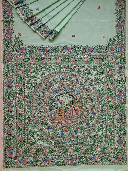 Pure Handloom Gheecha Silk Madhubani Hand Painted Silk Sarees