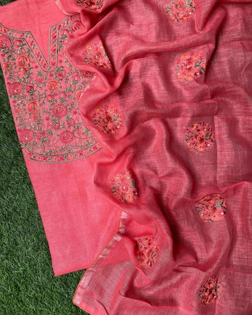 Pure Linen by Linen Floral Embroidery Work Unstitched Top Material with Matching Dupatta – Elegant Summer Wear for Women