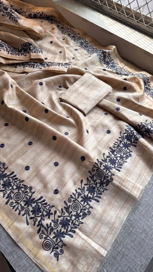 Royal Tusser Silk Saree with Allover Floral Embroidery & Jari Border