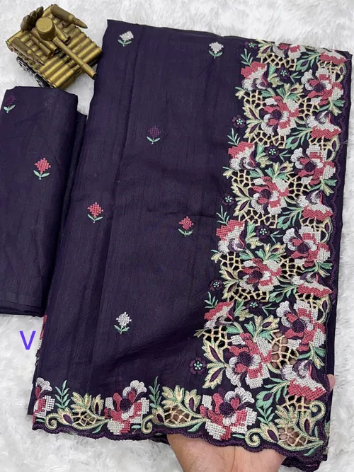 Embrace your femininity & make a statement with our stunning cut work Visca Slub Silk Saree. 