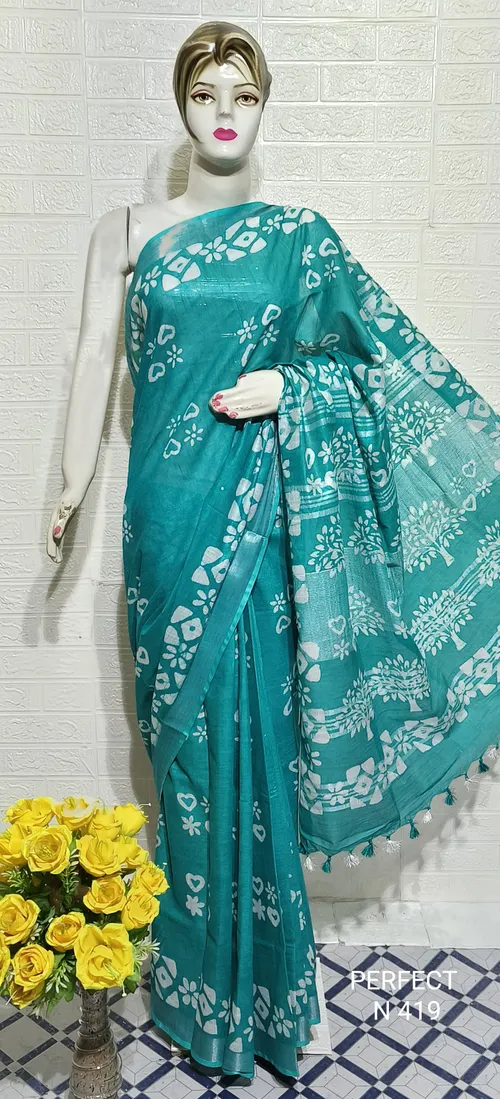Women's Cotton Slub Batik Printed Saree with Unstitched Blouse Piece 