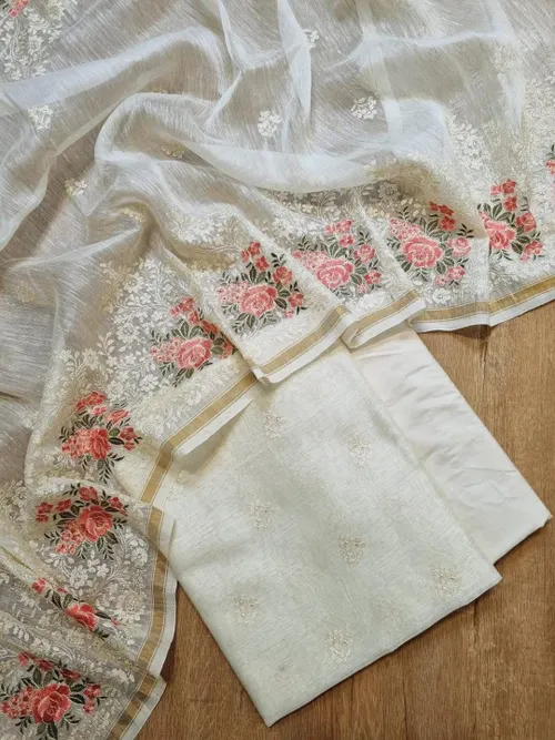Pure Silk Linen Suit Set with Exquisite Floral Embroidery Work