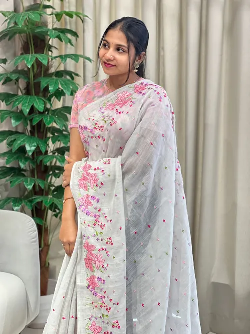 Soft Slub Cotton Saree with Zari Border – Beautiful Floral Embroidery Work Saree