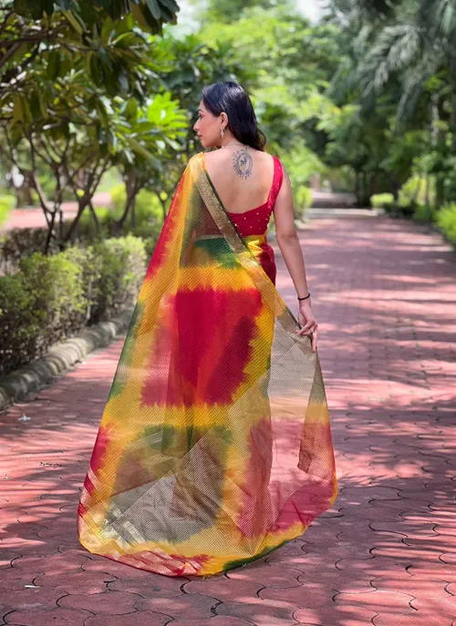 Branded Pure Soft Organza Checks Saree with Batik Print & Jacquard Border – Elegance with Sequin Sparkle
