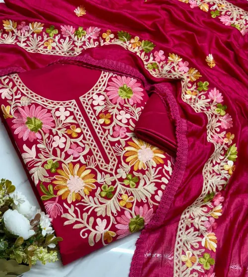 Elegant Roman Silk Kashmiri Butta Work Salwar Suit Set