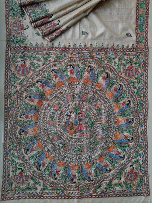 Pure Handloom Gheecha Silk Madhubani Hand Painted Silk Saree
