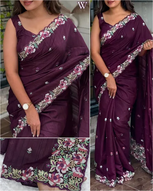 Embrace your femininity & make a statement with our stunning cut work Visca Slub Silk Saree. 