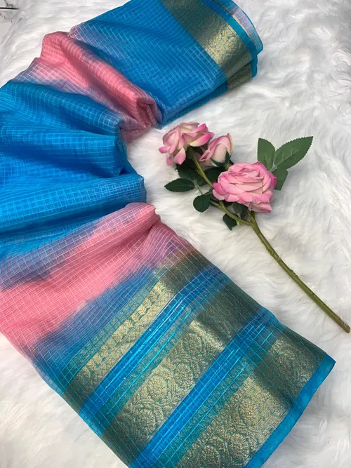 Branded Pure Soft Organza Checks Saree with Batik Print & Jacquard Border – Elegance with Sequin Sparkle