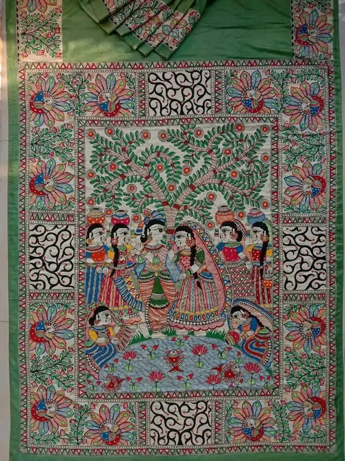 Pure Handloom Gheecha Silk Madhubani Hand Painted Silk Saree