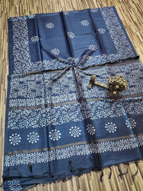 Elegant Indigo Printed Premium Katan Silk Saree