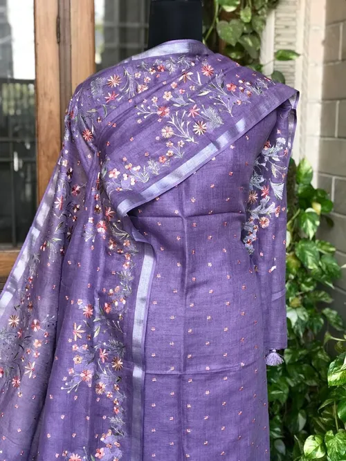 white christmas dresses Linen cotton dress material grey and brown with peacock design french kont  work & v neck pattern and bottom & french kont work dupatta main image 0