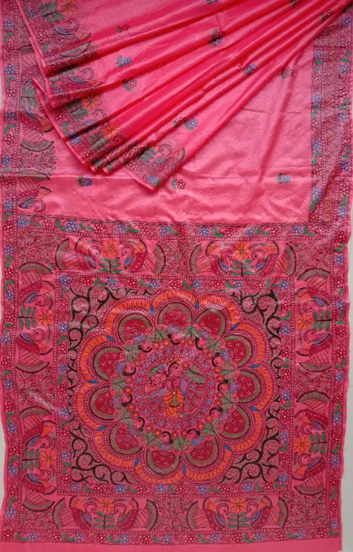 Pure Handloom Gheecha Silk Madhubani Hand Painted Silk Sarees