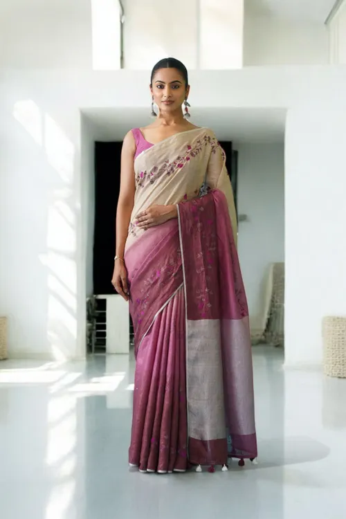 Pure Linen Floral Digital Embroidery Saree