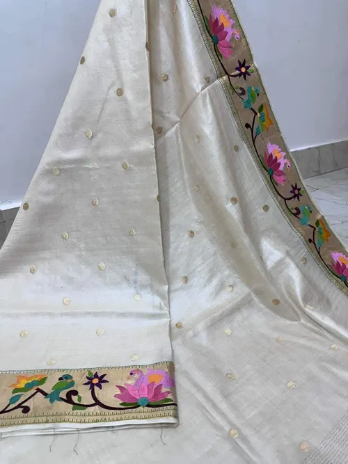 Premium Pure Tussar Silk Saree with Golden Zari Border & Digital Embroidery Work | Festive & Wedding Wear