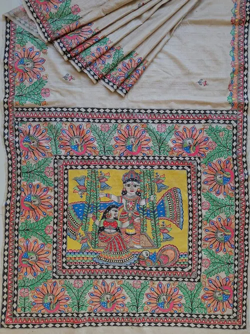 Pure Handloom Gheecha Silk Madhubani Hand Painted Silk Sarees