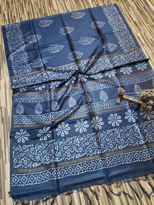 Elegant Indigo Printed Premium Katan Silk Saree