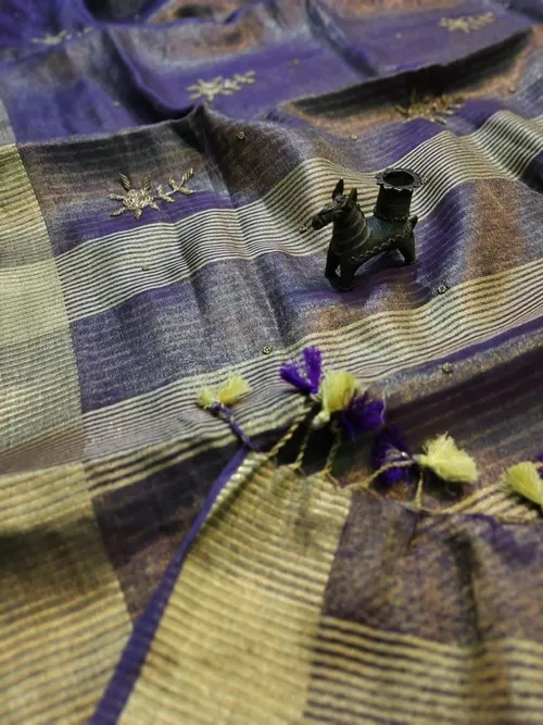 Soft Metallic Tissue Jari Linen Floral Motif Saree