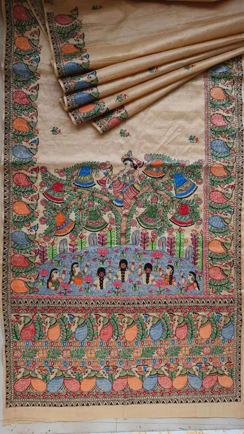 Pure Handloom Gheecha Silk Madhubani Hand Painted Silk Sarees