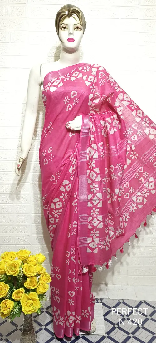 Women's Cotton Slub Batik Printed Saree with Unstitched Blouse Piece 