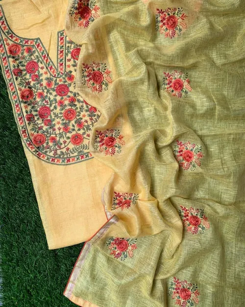 Pure Linen by Linen Floral Embroidery Work Unstitched Top Material with Matching Dupatta – Elegant Summer Wear for Women