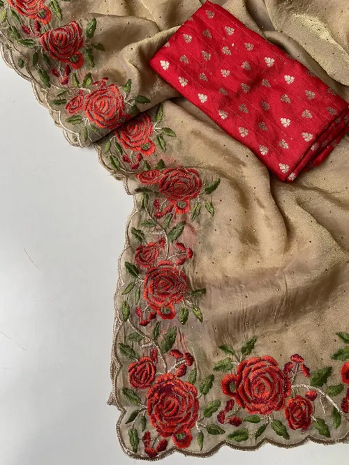 Pure Soft Satin Georgette Saree with Diamond Detailing, Cutwork Border & Multithread Embroidered Panel