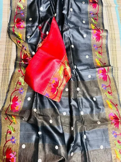 Premium Pure Tussar Silk Saree with Golden Zari Border & Digital Embroidery Work | Festive & Wedding Wear