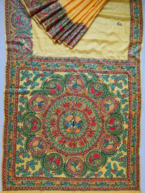 Pure Handloom Gheecha Silk Madhubani Hand Painted Silk Saree